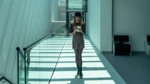 a woman in a hat and skirt holding a piece of paper - Should your business upgrade to USB wall sockets?